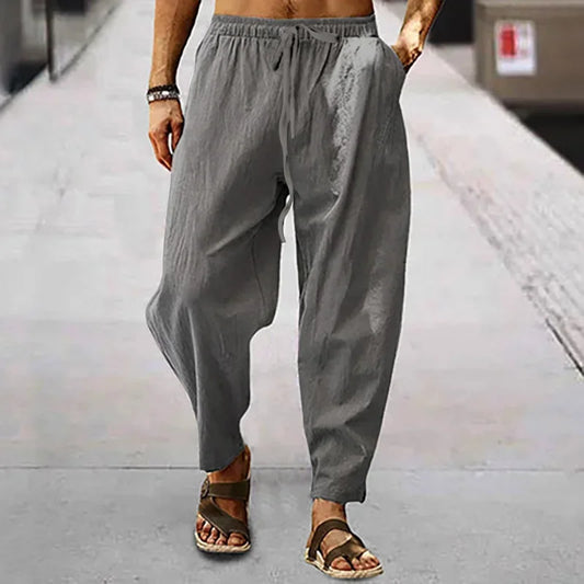 Pantaloni da uomo in cotone, lino, canapa, estivi e autunnali, a vita alta, traspiranti.